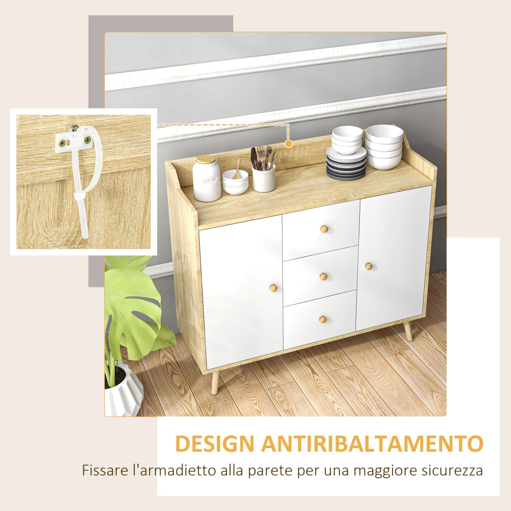 Credenza Moderna in Truciolato e Legno di Pino con 3 Cassetti e 2 Armadietti a 2 Livelli, 90x32x80A cm