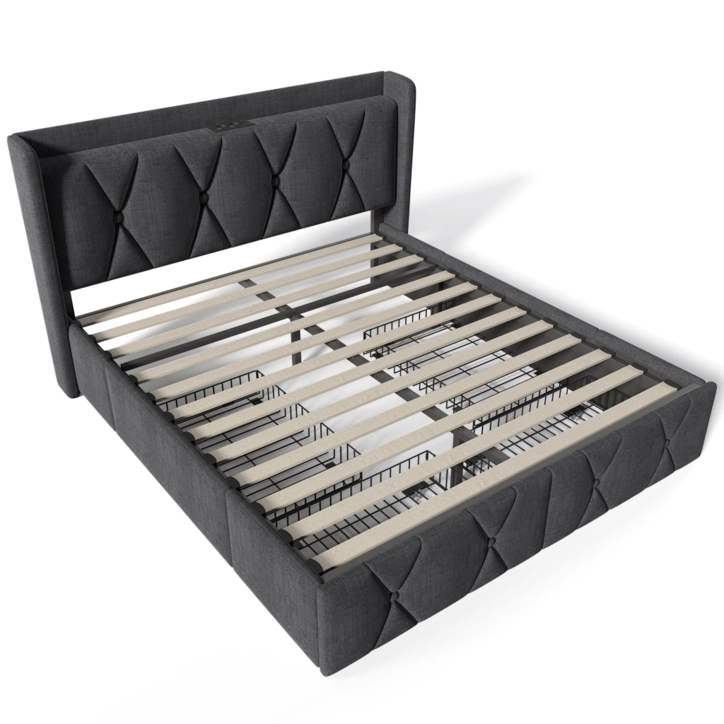 Letto matrimoniale 140x200 cm imbottito con ricarica USB, 4 cassetti, rete in legno e materasso, grigio
