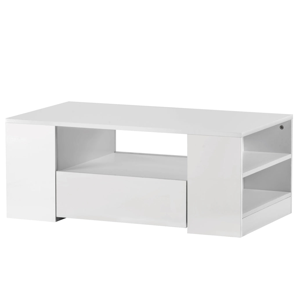 Tavolino da caffè LED con 2 cassetti e 2 ripiani; 95 x 53 x 37 cm; bianco