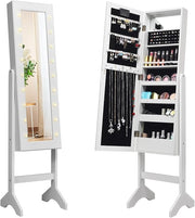 Portagioie Armadietto Specchiera con 18 Luci LED, Specchio a Figura Intera, Organizer per Gioielli Moderno Elegante, 145x35x31,5cm (Bianco)