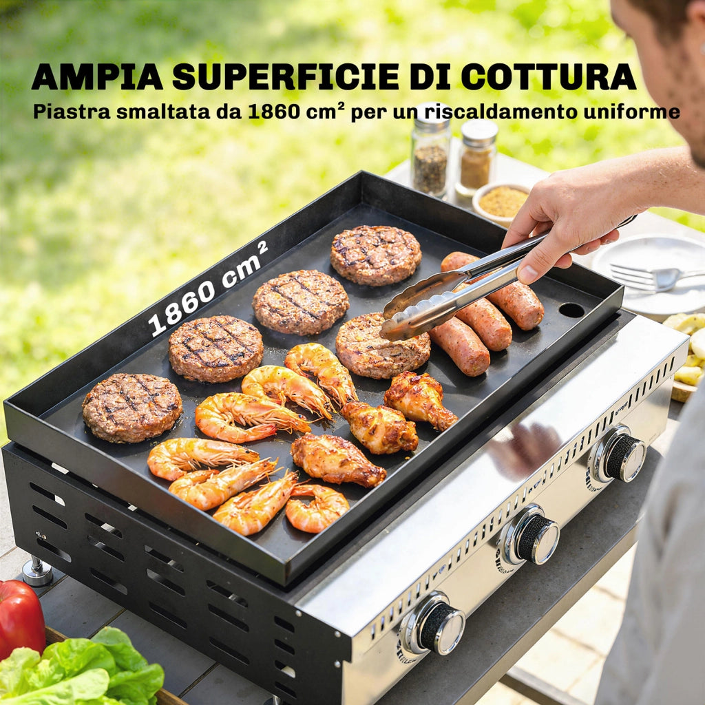 Griglia a Gas 62x49x23 cm Piastra di Cottura Portatile 3 Bruciatori con Vaschetta Raccogli Grasso Nero
