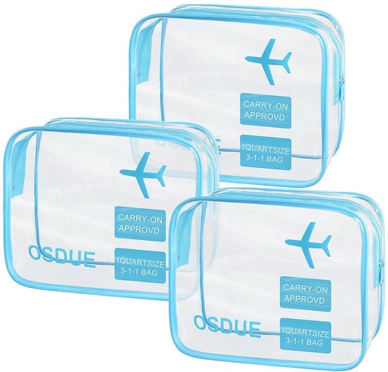 Set di 3 sacchetti di plastica trasparente, sacchetti per bagaglio (impermeabili), accessori per viaggiatori, sacchetti per bagagli per uomini, donne, bambini e famiglie (blu)