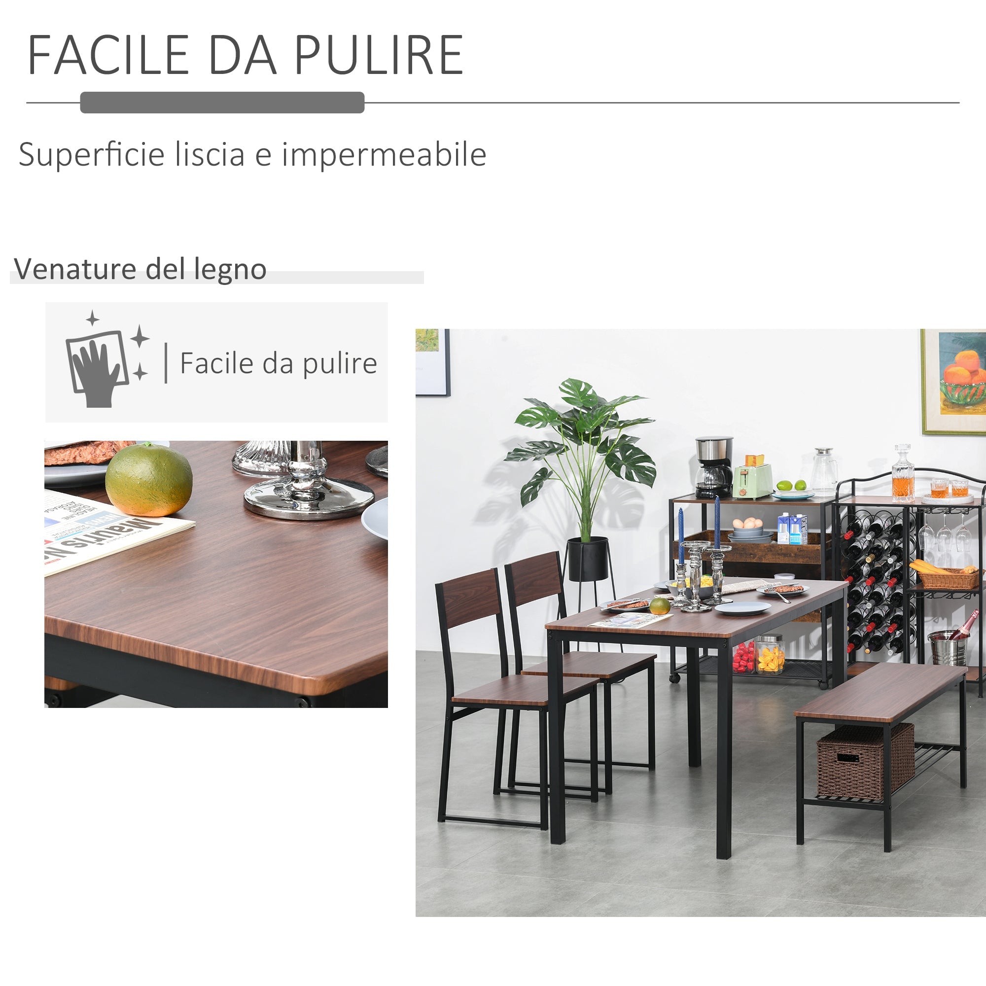 Set Tavolo 2 Sedie e Panca in Metallo e Legno Nero e Marrone