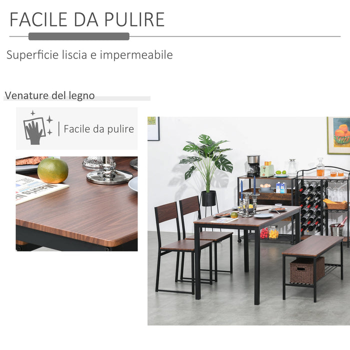 Set Tavolo 2 Sedie e Panca in Metallo e Legno Nero e Marrone