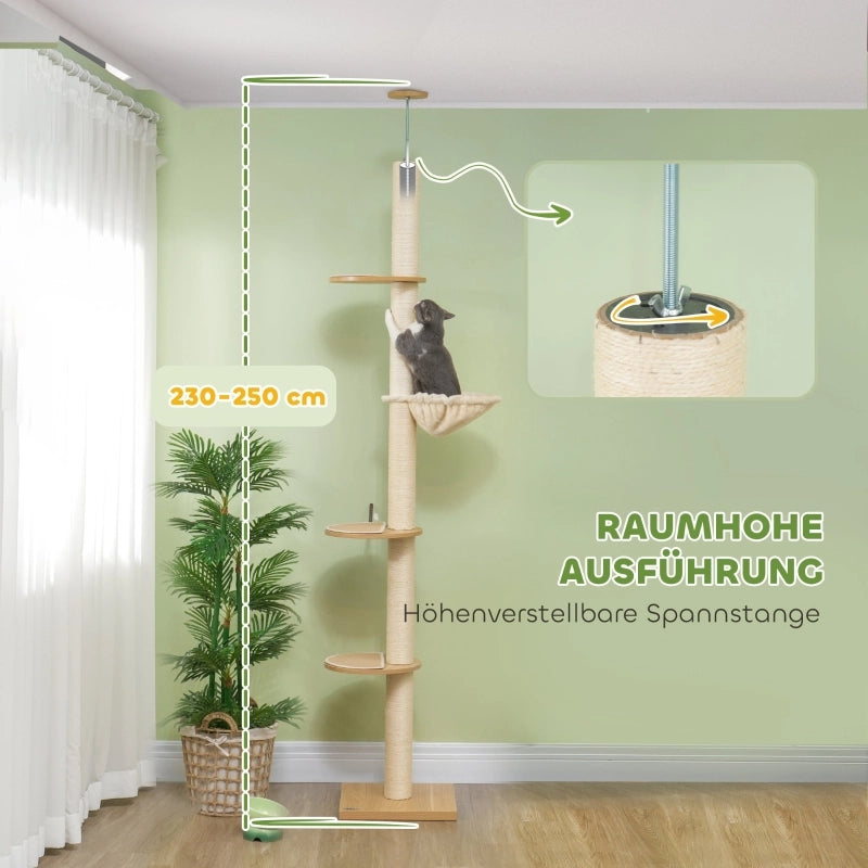Tiragraffi da soffitto regolabile 230-250 cm con pali in sisal, base stabile e morbido rivestimento color rovere