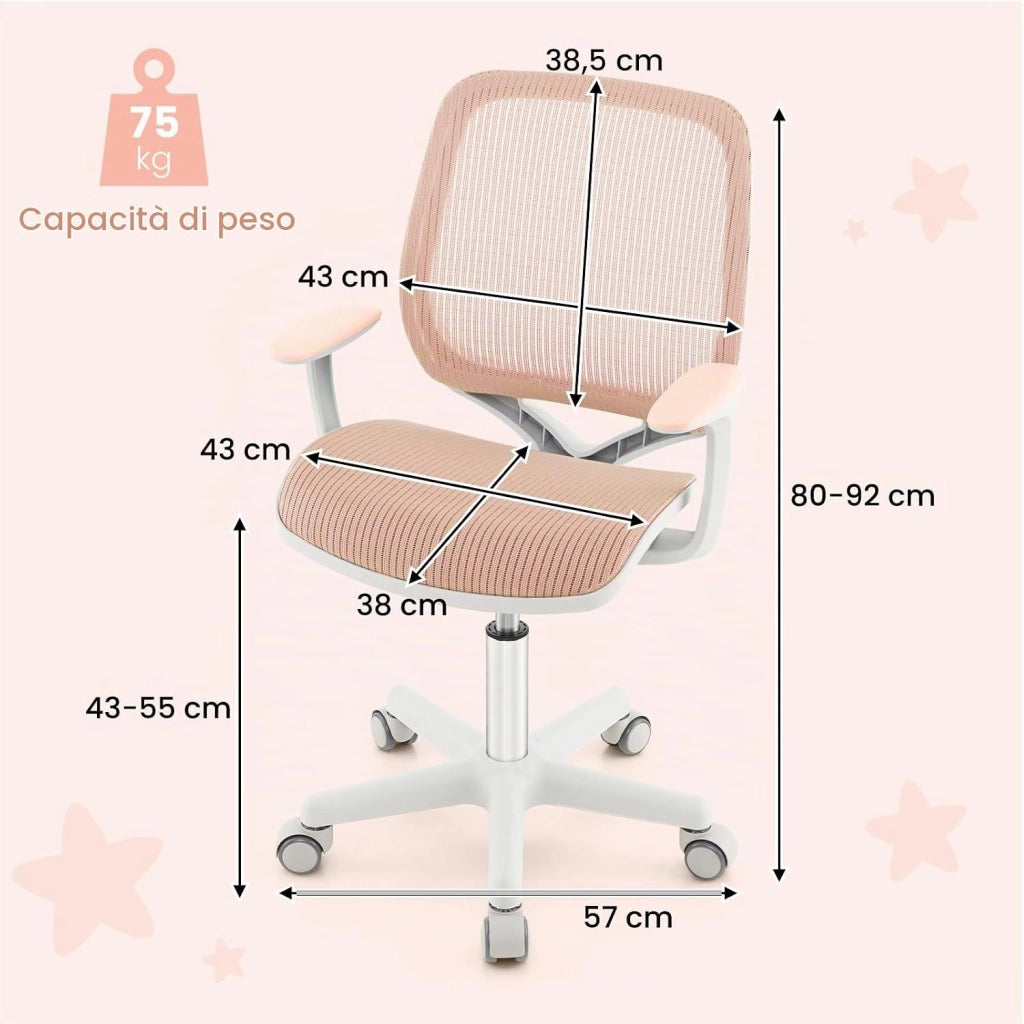 Sedia da Scrivania Girevole per Bambini (Rosa, Rullo di Pressione) | con Altezza Regolabile, 5 Ruote, Braccioli Morbidi, Mobile Ergonomica per Bambini 6-15 Anni