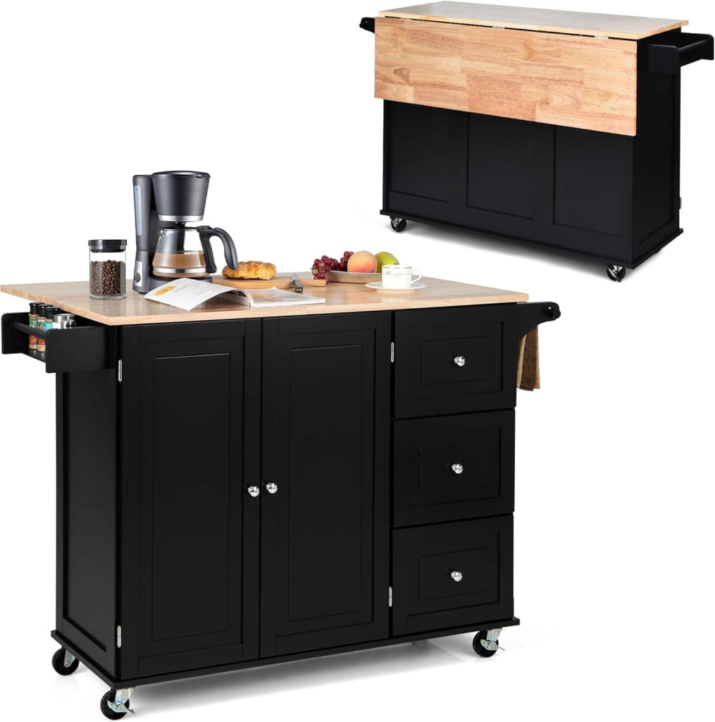 Carrello da Cucina con Pannello Pieghevole Portato fino a 50 kg, Isola da Cucina 43x136x91cm, Carrello Portaoggetti in Legno con Ruote, Multifunzione e Grande, Nero (Bianco)
