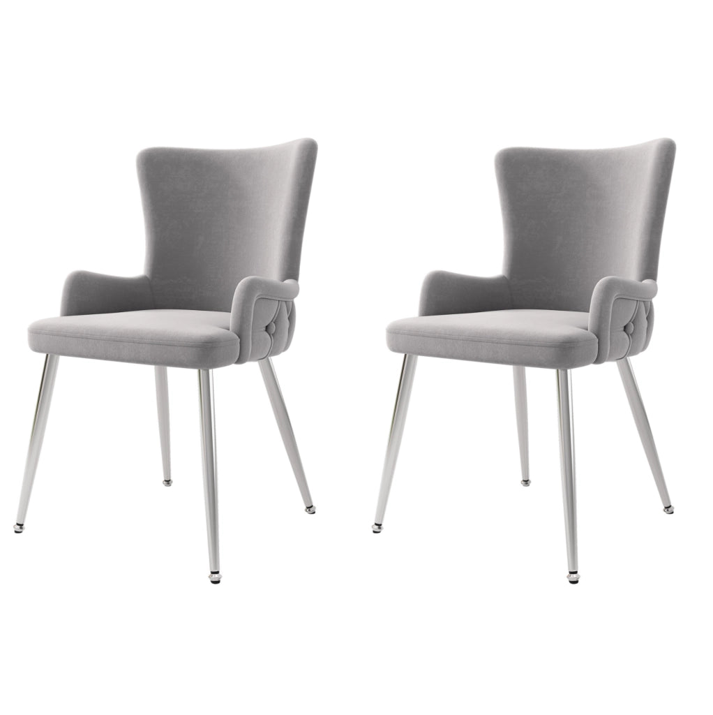 Set di 2 sedie da pranzo in velluto grigio con gambe in metallo argento; stile moderno