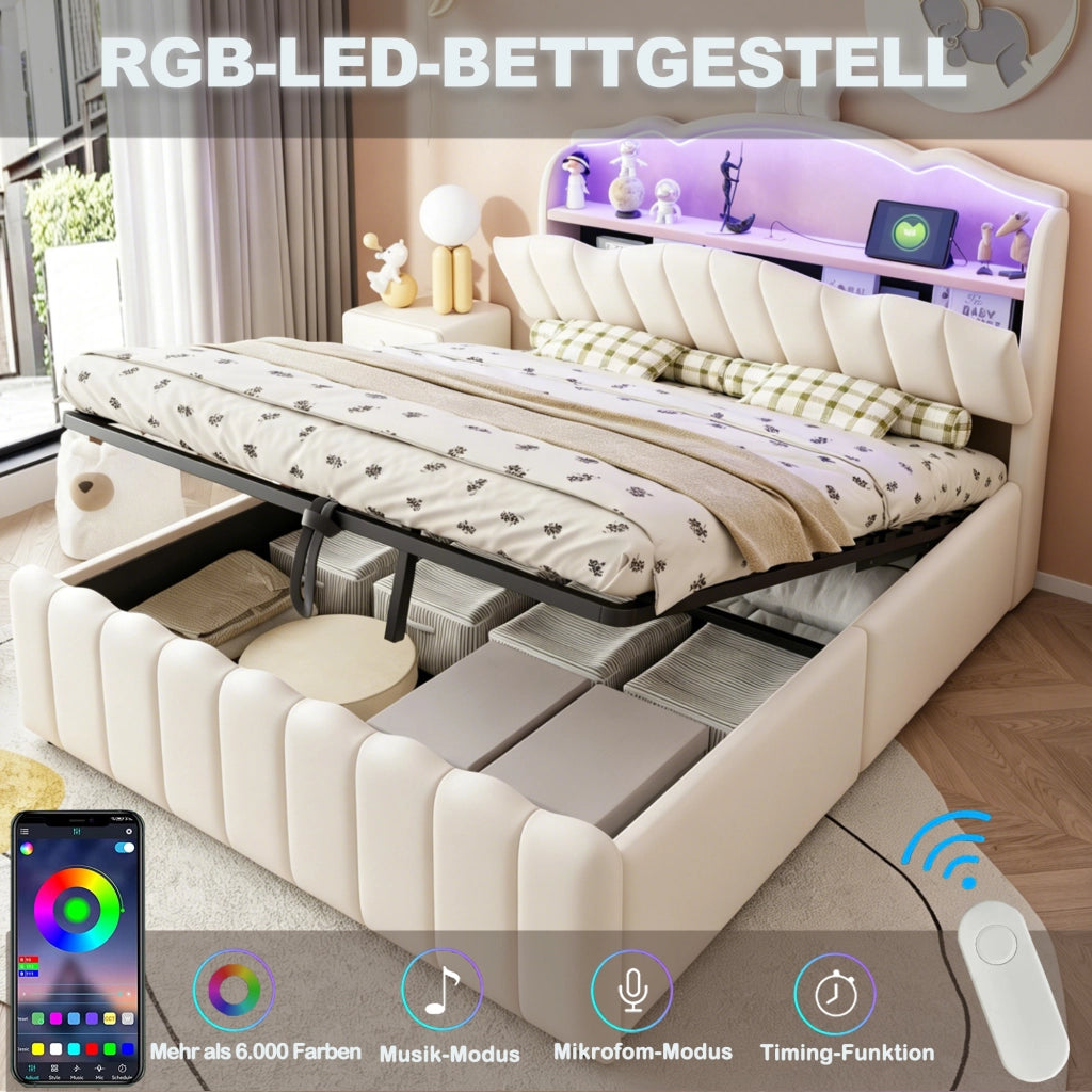 LETTO 140x200 cm imbottito in velluto beige con LED, USB, USB-C e vano contenitore