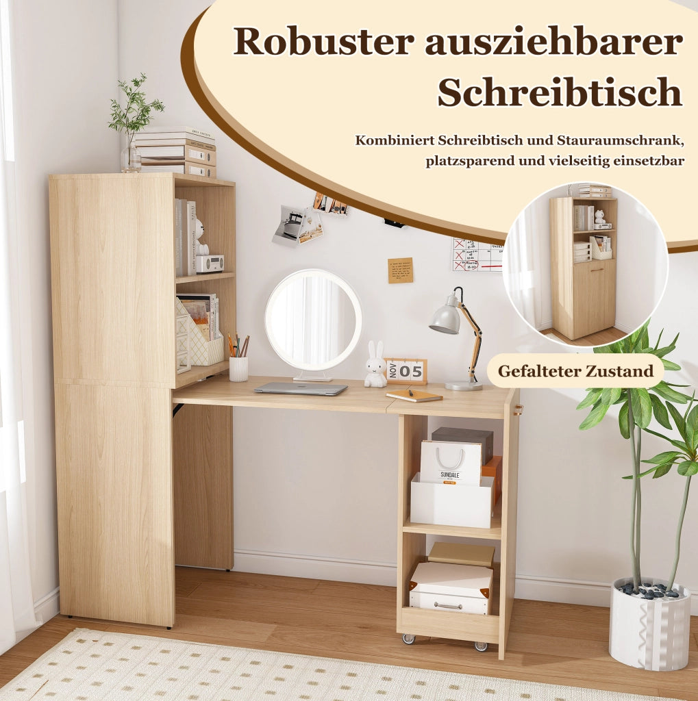 Scrivania estraibile con mobile contenitore in legno naturale