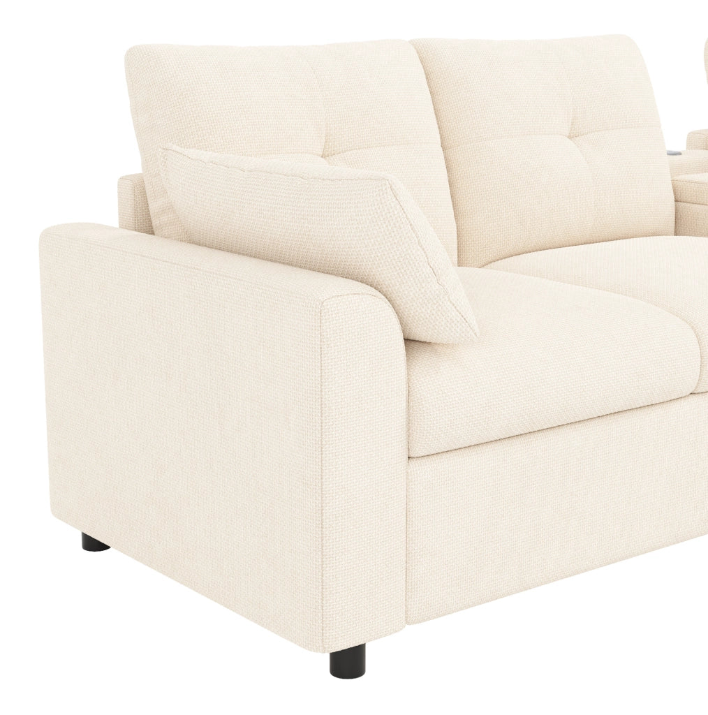 Divano angolare modulare 6 posti in ciniglia beige con USB