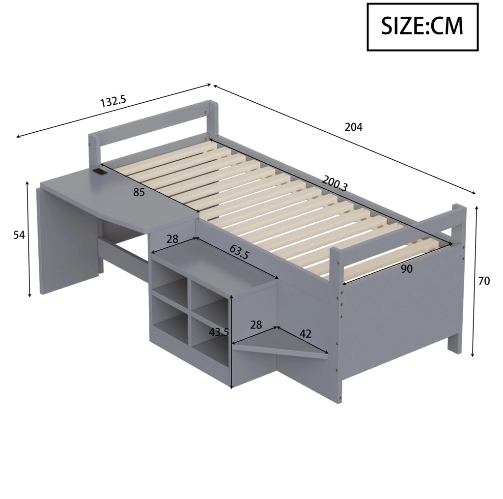 Letto singolo multifunzione 90x200 cm con scrivania; vani portaoggetti e prese USB; grigio