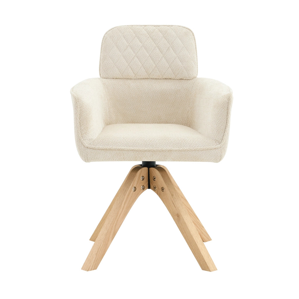 Sedia da Pranzo Set da 2 Girevole a 360° con Braccioli e Gambe in Legno Massello in Tessuto Bianco e Legno