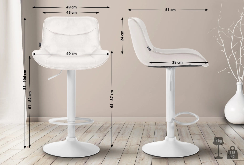 Set di 2 sgabelli da bar Vonore in velluto crema,bianco