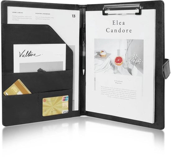 Portafoglio A4 per documenti, cartellino con blocco note, organizzatore di portfolio magnetico con chiusura in PU pelle, mappe per conferenze e note in cartellino con chiusura magnetica - nero