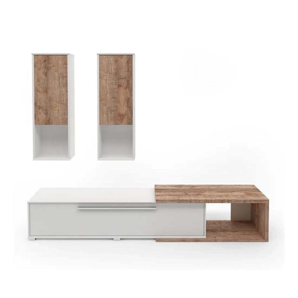 Composizione di 3 mobili HARLEM - 2 mobili sospesi e 1 mobile TV - Bianco e Rovere