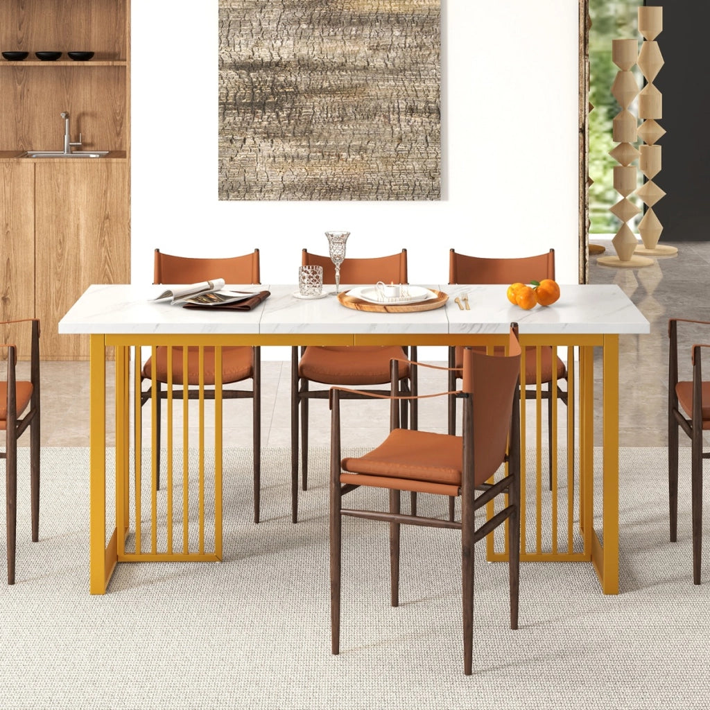 Tavolo da pranzo moderno per 6-8 persone, Tavolo da cucina rettangolare da 160cm con piano in finto marmo Bianco