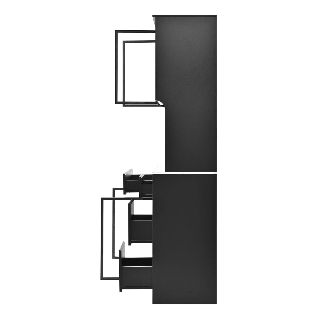 Credenza, mobile da sala da pranzo, finitura in marmo, MDF, ante in vetro, illuminazione a LED, nero e bianco