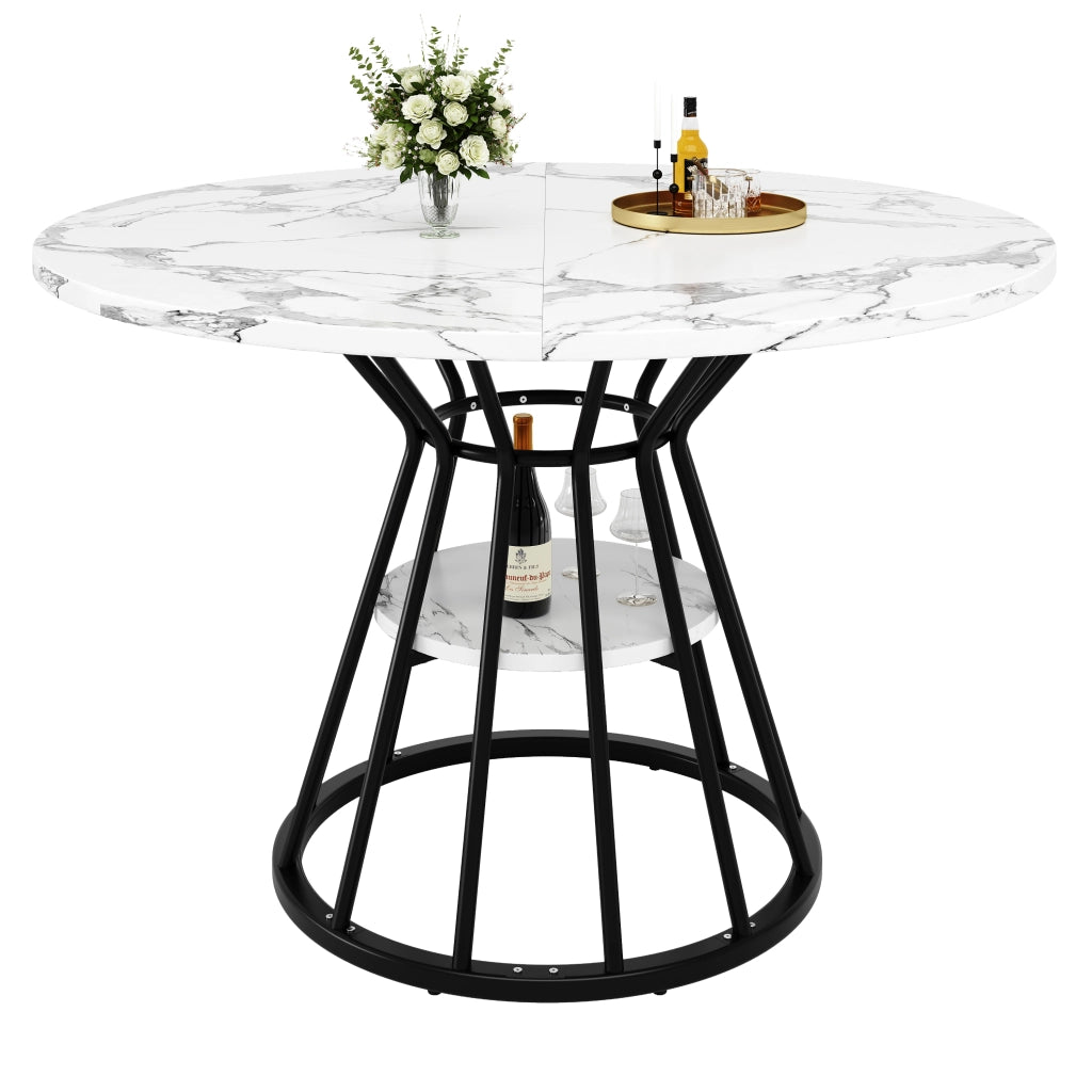 Tavolo da pranzo rotondo con piano in MDF effetto marmo struttura in metallo con ripiano per cucina e soggiorno 100 × 100 × 76 cm