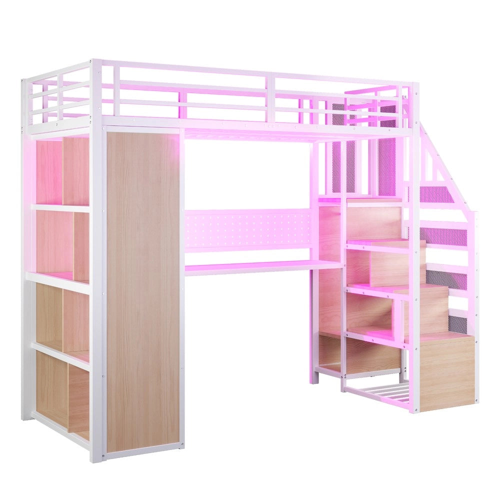 Letto a Soppalco con Scrivania, Armadio e LED ¨C MINIMAL ¨C Metallo Bianco 90x200