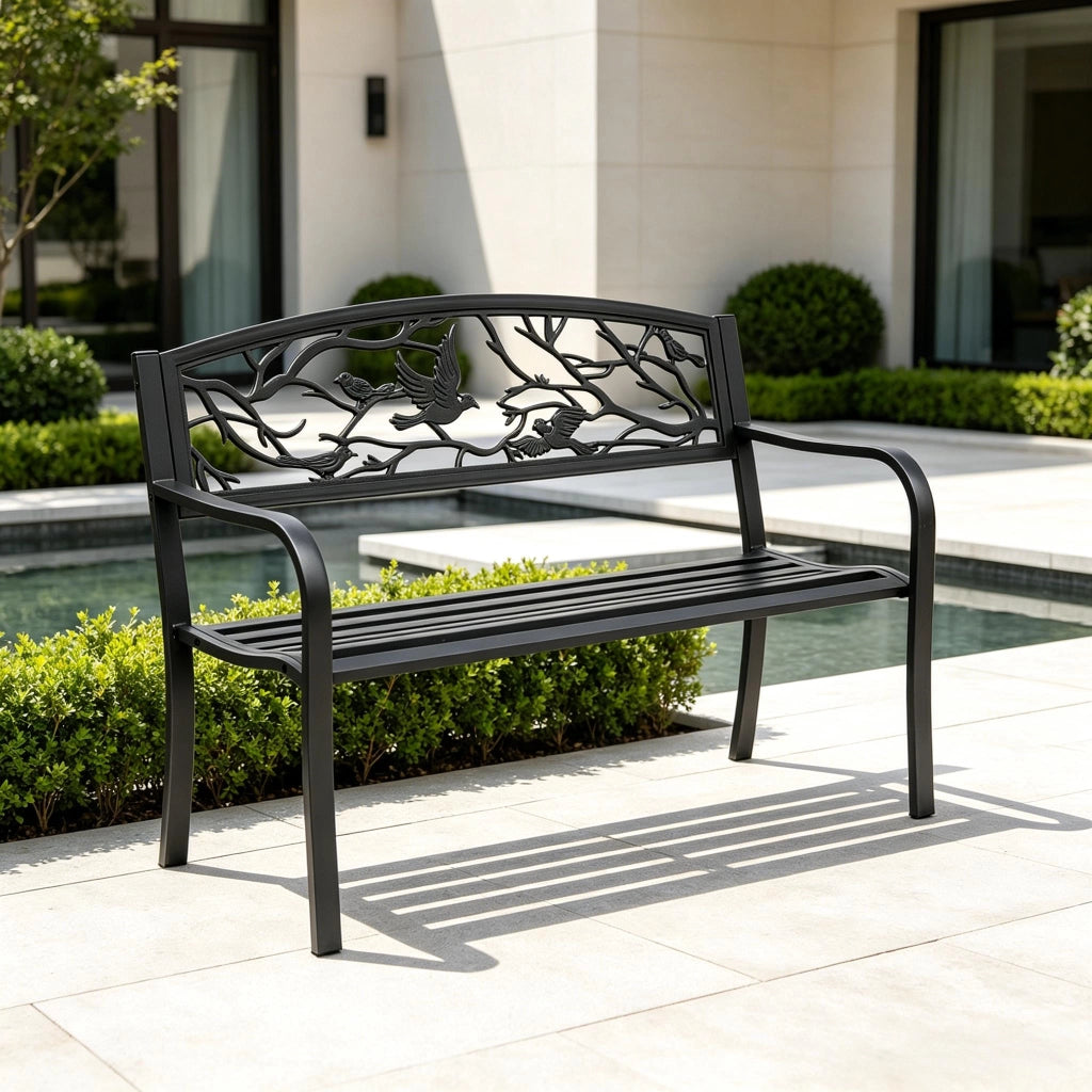 PANCA da giardino 127x60x85 cm metallo nero con braccioli