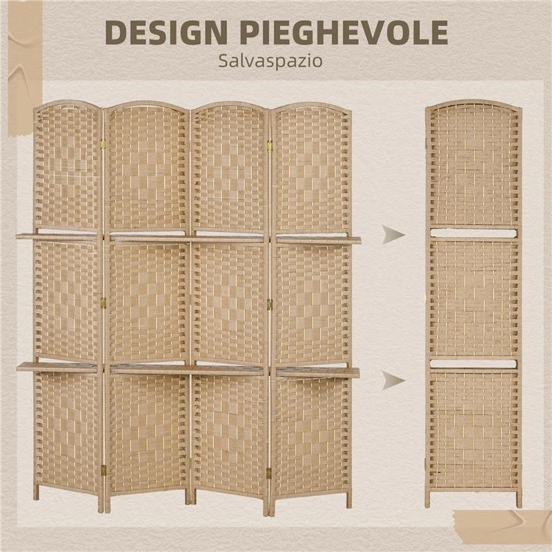 PARAVENTO DA INTERNO A 4 PANNELLI PIEGHEVOLE CON MENSOLE 160X170 CM COLORE NATURALE