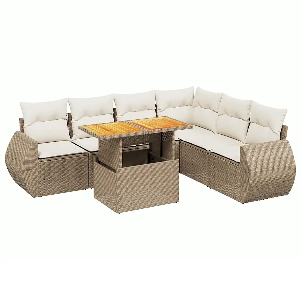 Set Divani da Giardino 7 pz con Cuscini Beige in Polyrattan