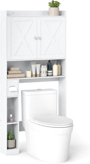 Mobile Sopra Lavatrice da Bagno, Armadietto su WC con Doppie Ante, Porta Carta Igienica e Ripiano Regolabile, Mobile Salvaspazio in Legno per Lavanderia, 81,5 x 19,5 x 172,5 cm (Bianco)