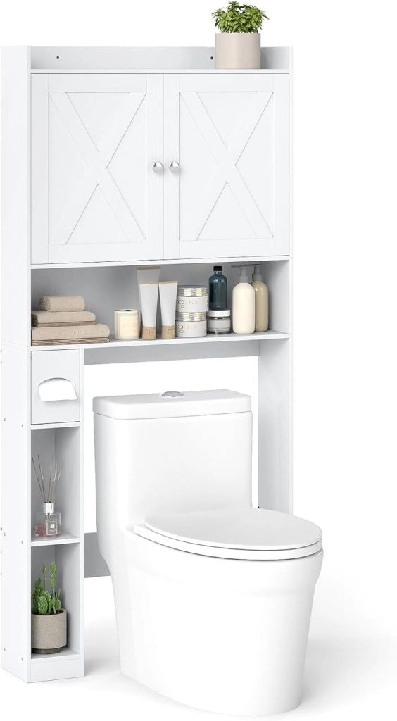 Mobile Sopra Lavatrice da Bagno, Armadietto su WC con Doppie Ante, Porta Carta Igienica e Ripiano Regolabile, Mobile Salvaspazio in Legno per Lavanderia, 81,5 x 19,5 x 172,5 cm (Bianco)