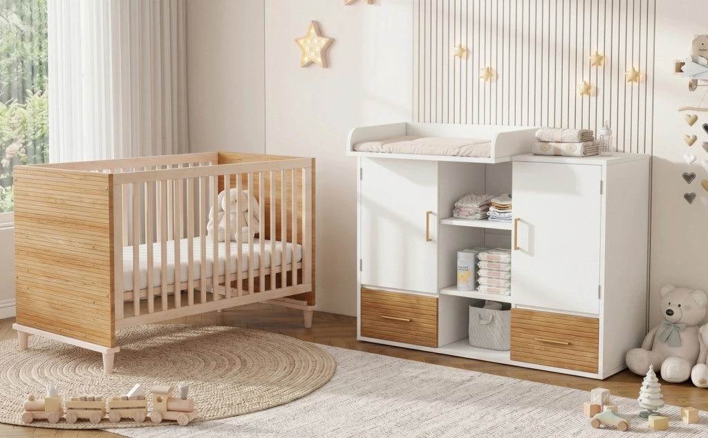 Set Fasciatoio e Lettino con Sponde, Mobile Cameretta: Fasciatoio (114x53x92 cm) con Ripiano e Sponda Rimovibile, Lettino (70x140x87 cm), Colore Legno Naturale