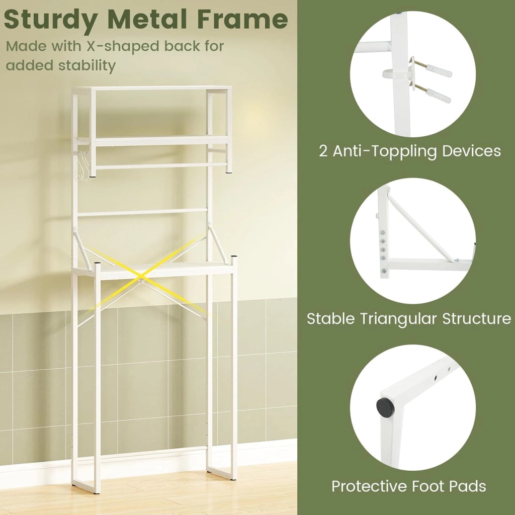 Scaffale WC a 3 livelli con asta per asciugamani e 3 ganci a forma di S, con gambe in metallo, 64 x 24 x 162 cm, bianco