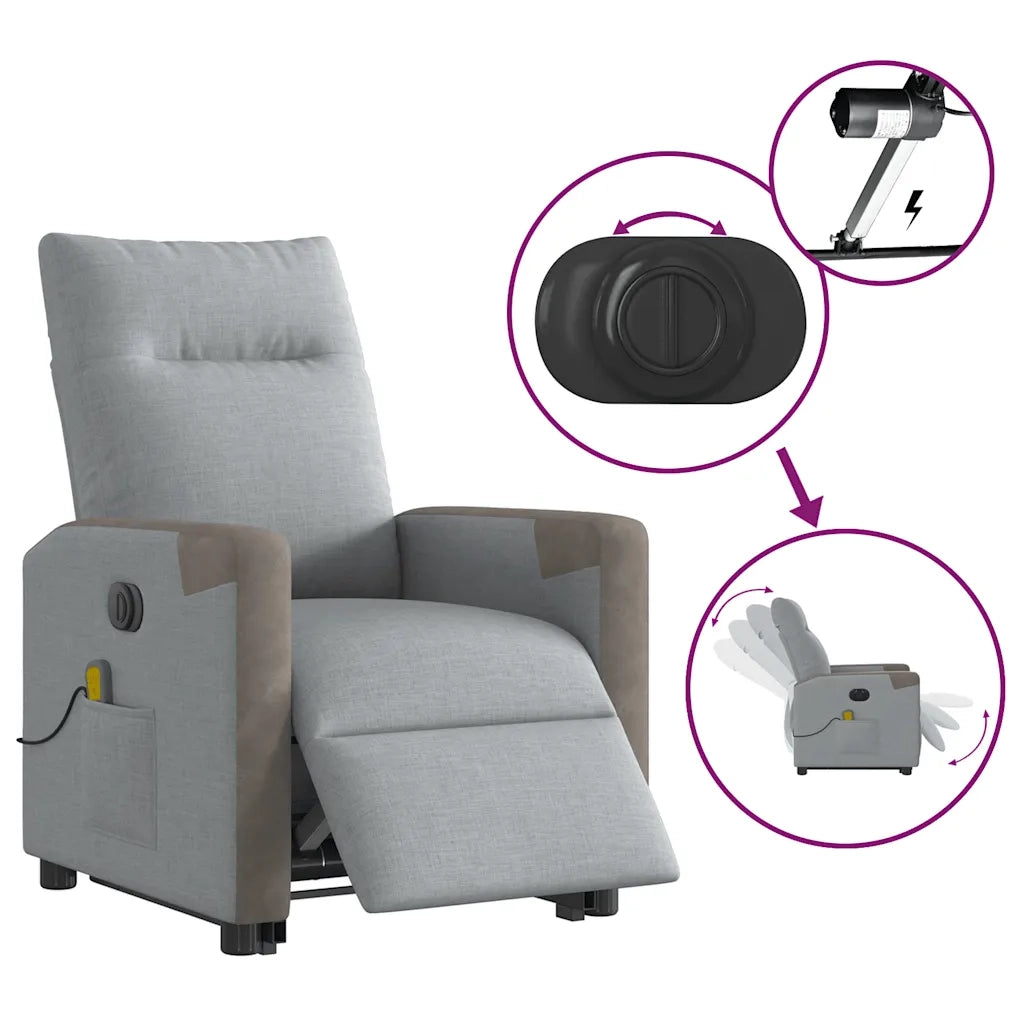vidaXL Poltrona Alzapersona Massaggi Elettrica Grigio Chiaro Tessuto