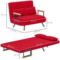 Divano Letto in Tessuto Effetto Velluto con Schienale Regolabile e 2 Cuscini, 102x73x81 cm, Rosso