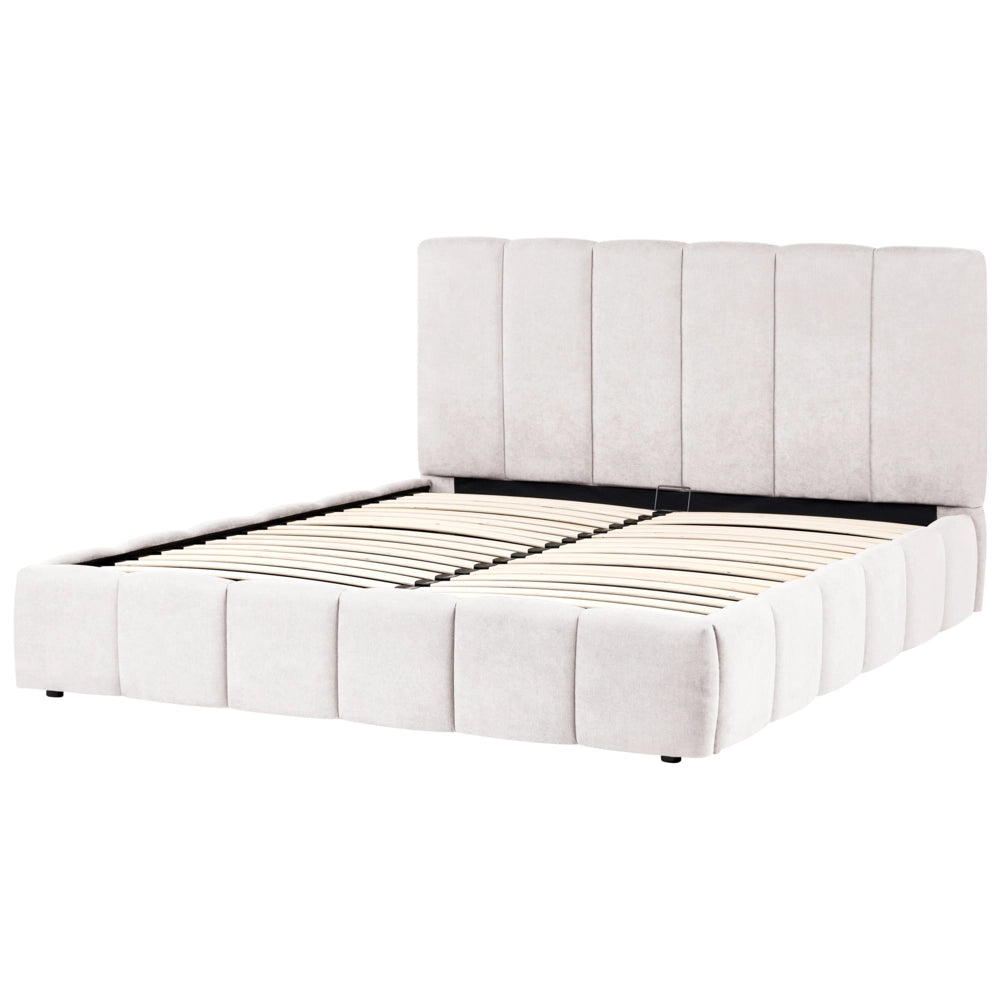 Letto matrimoniale contenitore con trapuntatura verticale in tessuto bianco sporco 180x200 cm struttura sollevabile e testiera alta