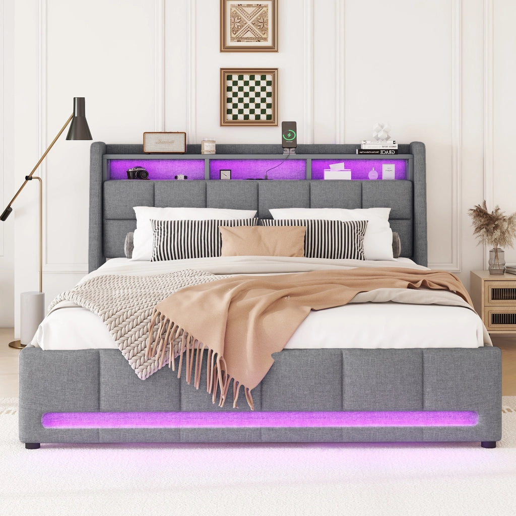 OKWISH Letto con Cassetti 140×200 cm, Letto Matrimoniale con LED Regolabile, USB e Contenitore, senza Materasso, in Lino, Grigio