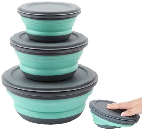 Set di 3 contenitori in silicone opachi, silenziati, trasportabili e sicuri per alimenti, con coperchio, pieghevoli e impermeabili