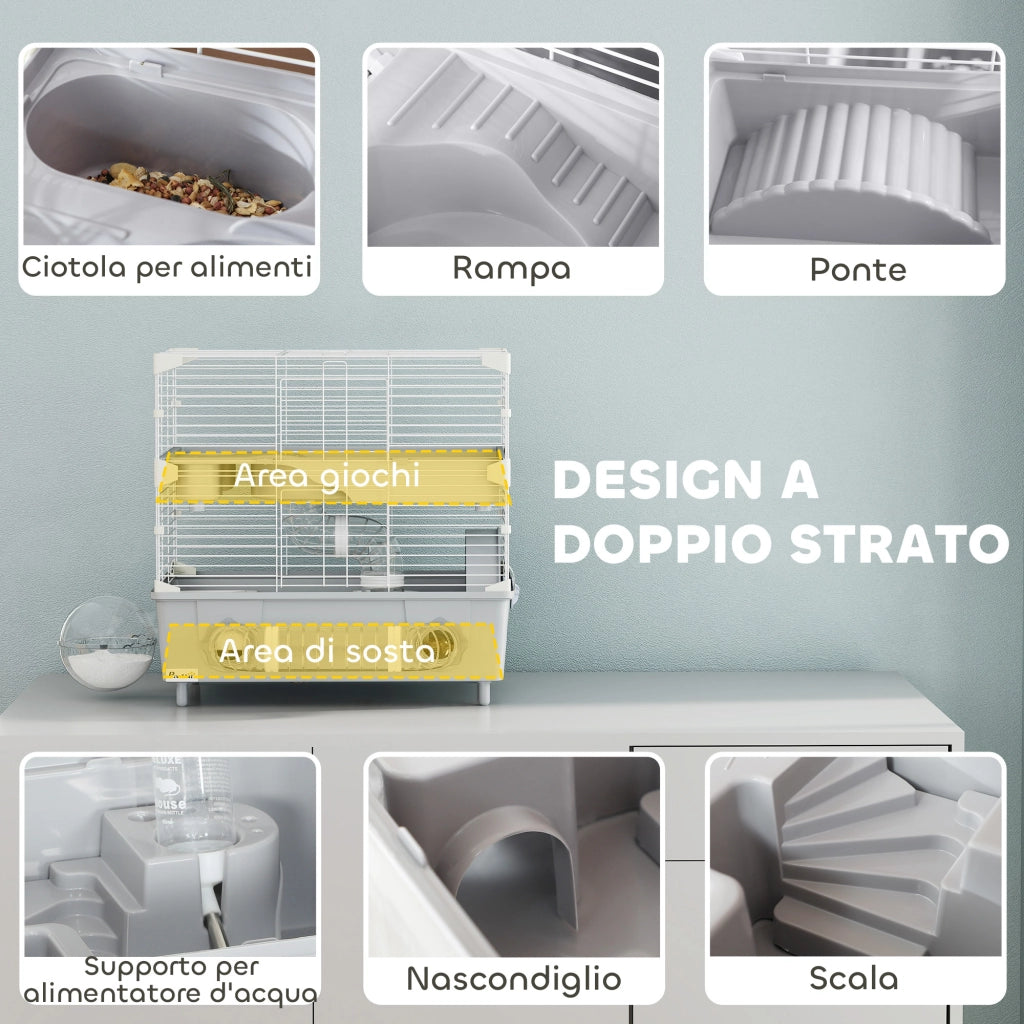 Gabbia per Criceti a 2 Livelli con Ruota ¨C Zephmum ¨C Grigio e Bianco 44.5x28x44 cm