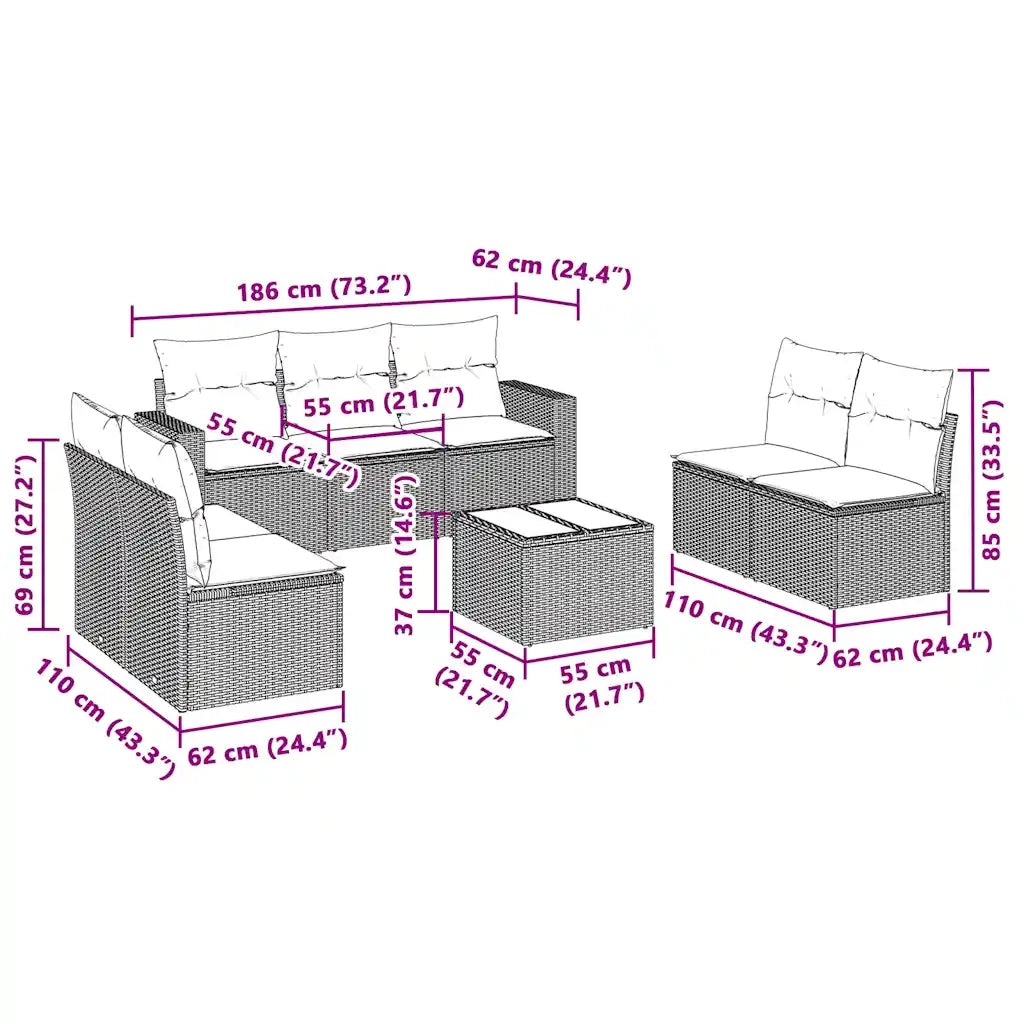 Set Divano da Giardino 8pz con Cuscini Grigio Chiaro Polyrattan