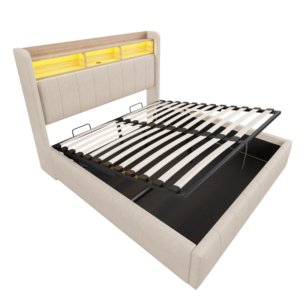 Letti contenitori 160x200 cm con LED e vano contenitore; tessuto in lino; beige