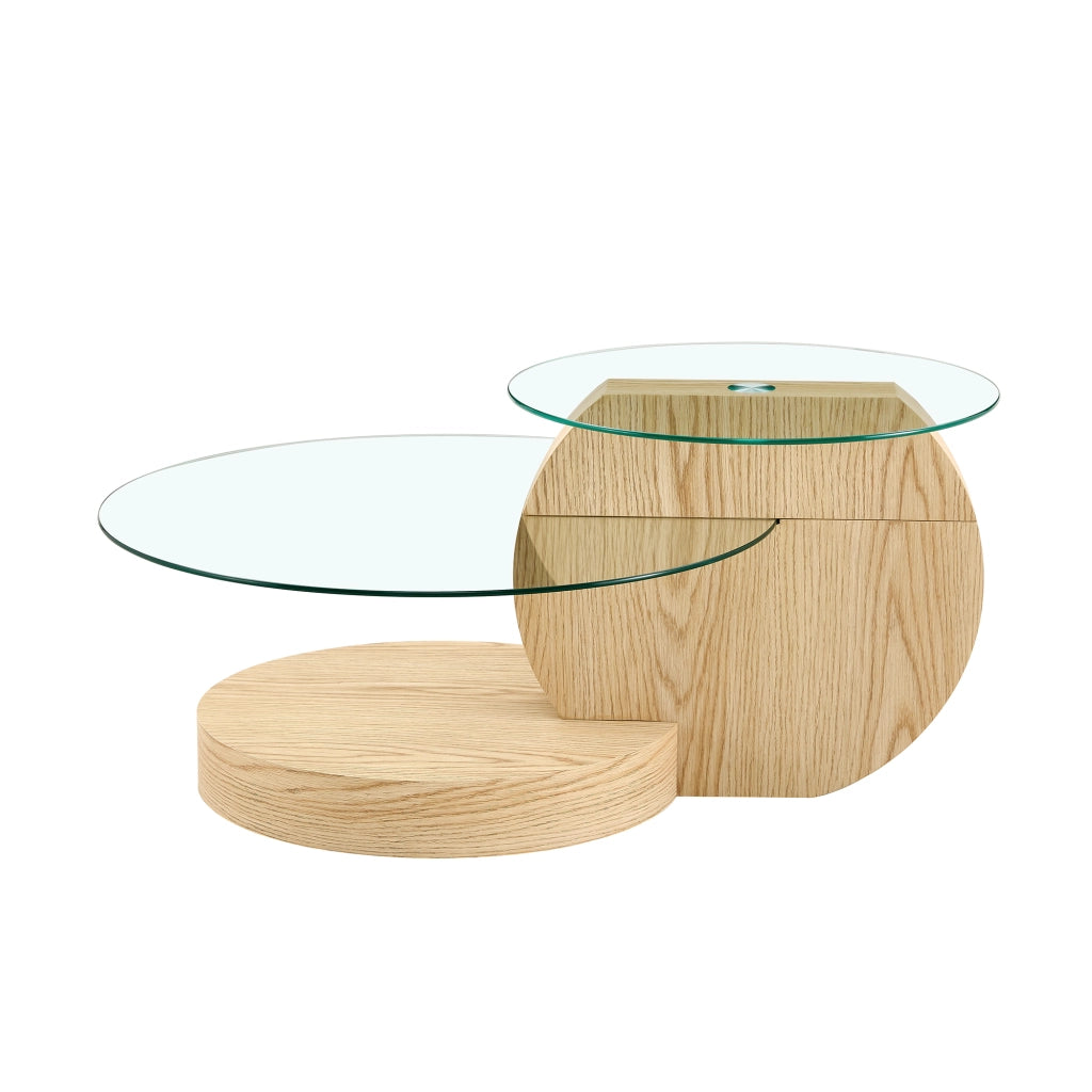 TAVOLINO da caffè a 2 livelli Ø50/70 cm Vetro Trasparente e MDF effetto legno