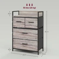 Cassettiera in stile industriale, con 4 cassetti in tessuto pieghevoli e ripiano, 60 x 29 x 85 cm, Grigio