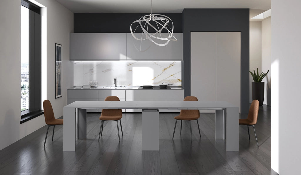 Consolle Allungabile Pinocchio - Tavolo moderno in MDF laccato grigio RAL 7042 antigraffio, design estensibile salvaspazio - OM