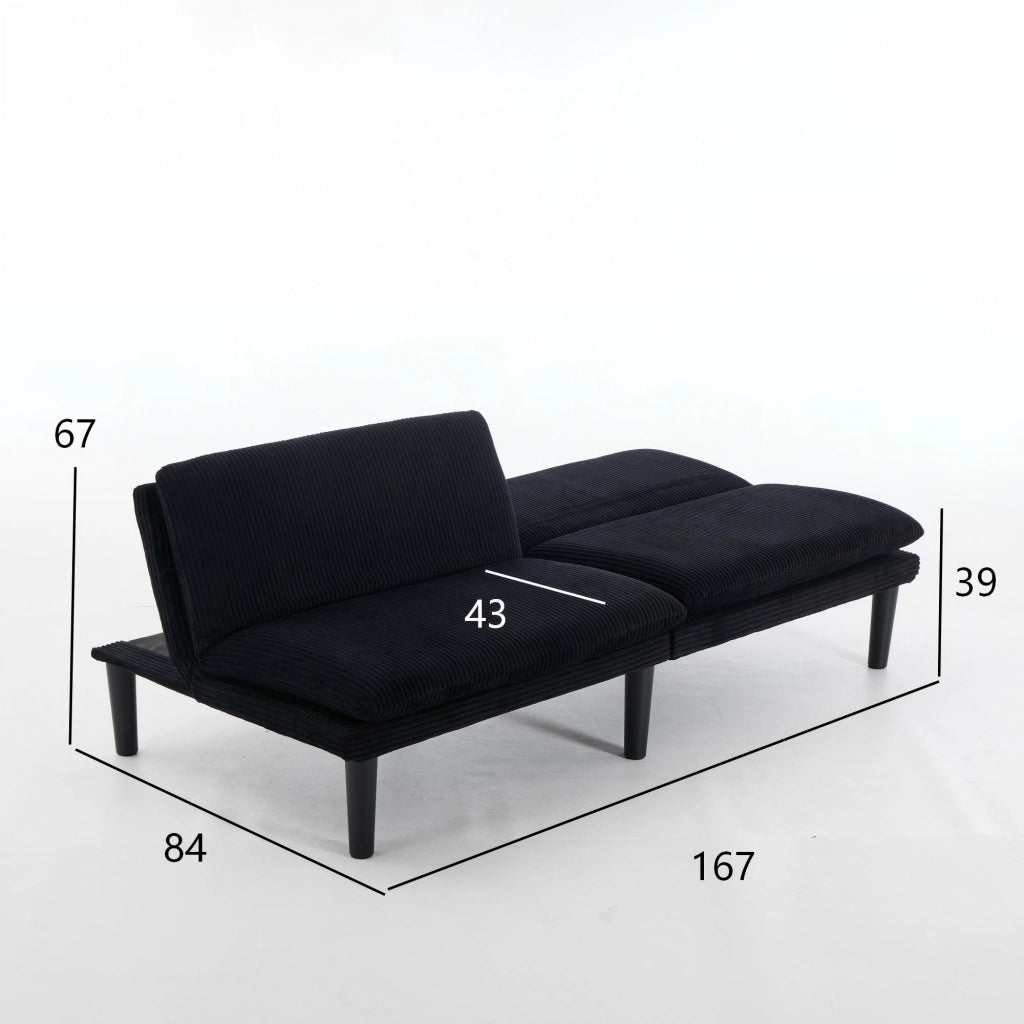 Divano convertibile a 2 posti con schienale a 3 posizioni e funzione letto, piedini in plastica nera, velluto nero