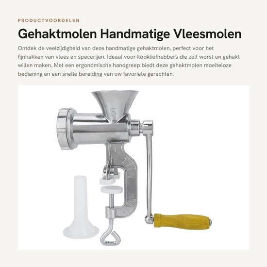 Molinello per carne manuale - Faccia in alluminio - Compattatore di carne incluso - Maniglia ergonomico - Multifunzionale - Regolazione semplice