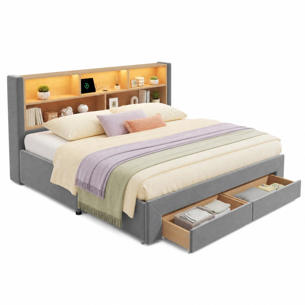 Letto daybed estraibile con cassetti, prese USB e Tipo-C, illuminazione LED, velluto grigio 90x200 cm