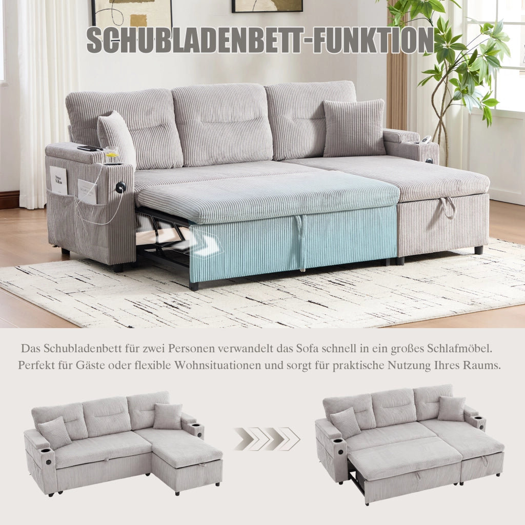 Divano letto 3 posti - con contenitore; porta USB-C e chaise longue - in corduroy grigio chiaro