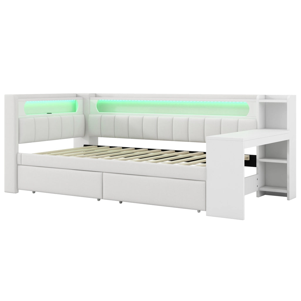 LETTO 90x200 cm bianco con LED, USB, scrivania e 2 cassetti