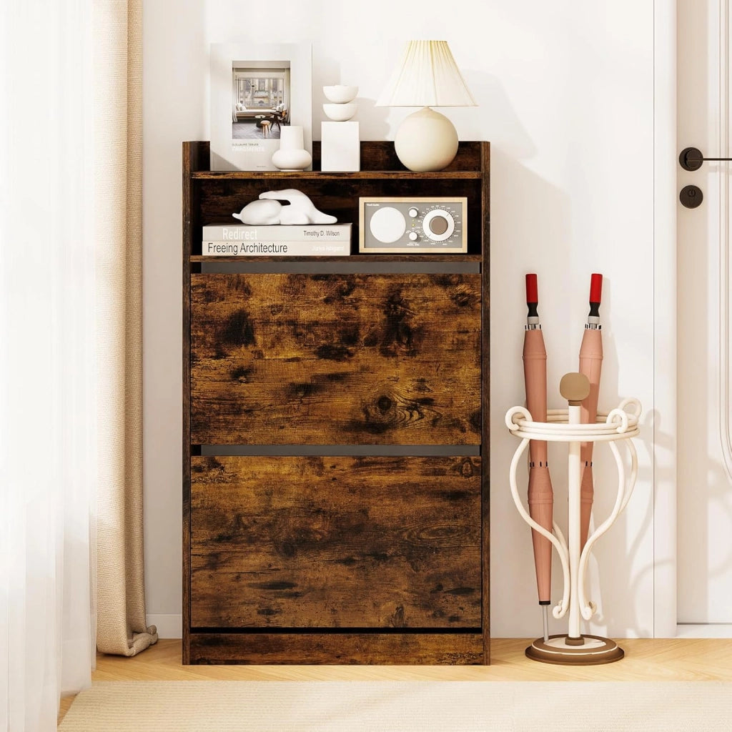 Scarpiera Slim in Legno, Portascarpe a 4 Livelli con 2 Cassetti a Ribalta, con Ripiano Aperto, Mobile Porta Scarpe per Ingresso Corridoio, 60x24x102 cm (Marrone)