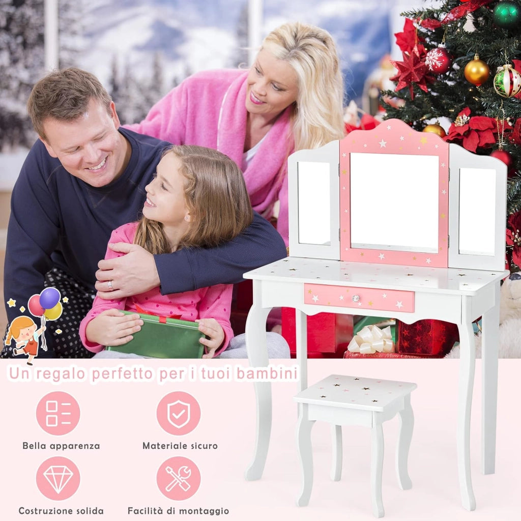 Toeletta Trucco 2 in 1 per Bambina Staccabile, Specchiera per Ragazza in Legno con Giocattoli, Sgabello e Cassetto, Postazione Trucco per Cameretta e Cmera da Letto, 3 Anni 70x35x104cm(Bianco)