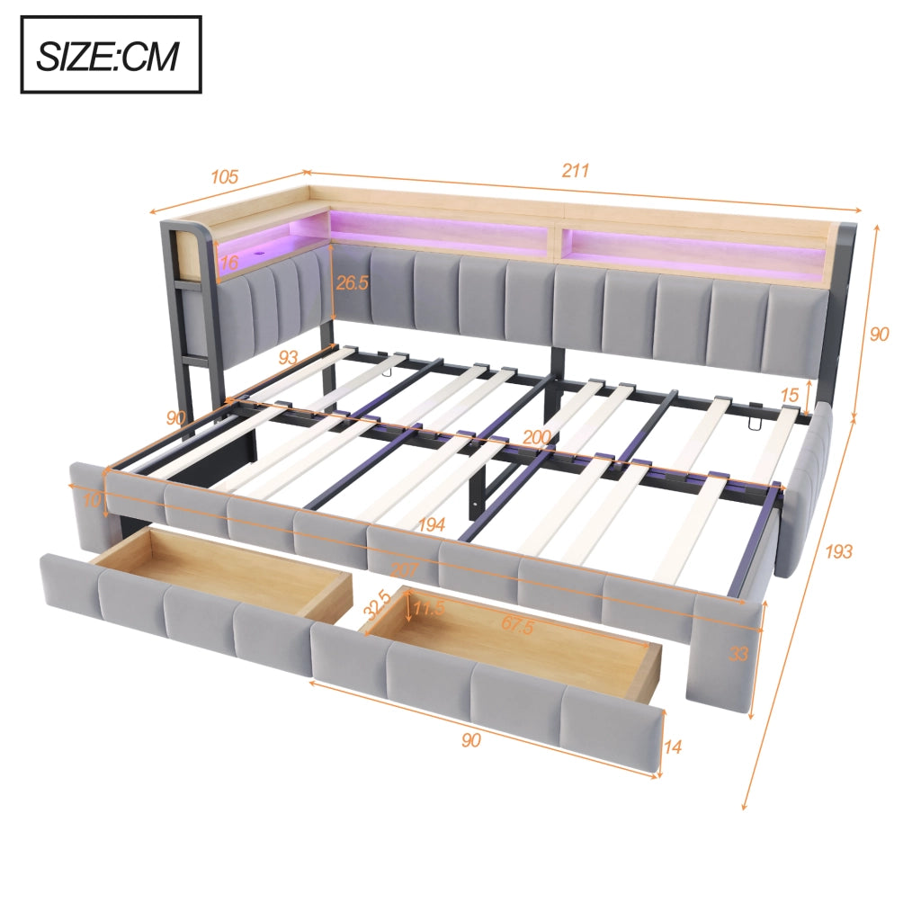 Letto divano 90 × 200 cm estensibile a 180 × 200 cm con cassetti, ripiani, LED, USB e Type-C, senza materasso